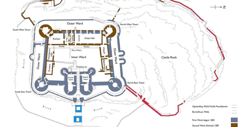 Map of Harlech Castle with colour-coded details of construction through the ages.